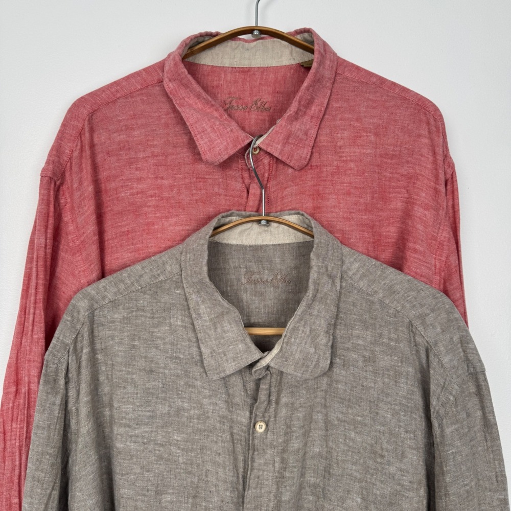 Tasso Elba Mens XXL Linen Cotton Blend Button Front Shirts Lot of 2 Red Brown